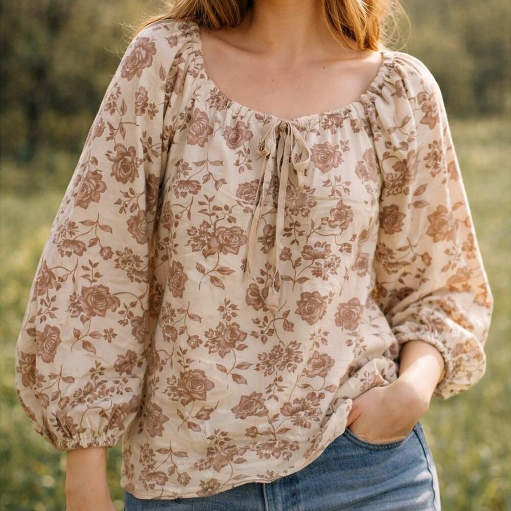 Martha Stewart Women's Peasant Style Pullover Tan Print Blouse SZ L NEW
